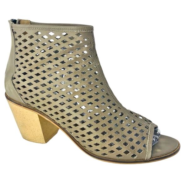 Kelsi Dagger Kyoto Open Toe Ankle Booties 9.5 Grey Taupe Diamond Cutout Back Zip - Picture 1 of 10
